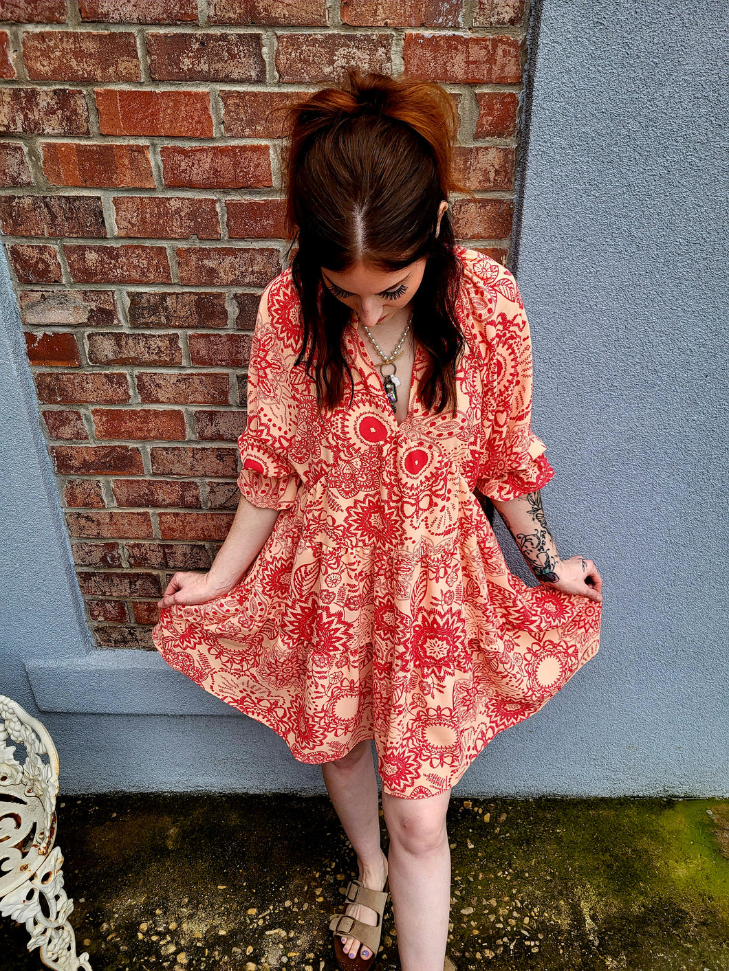 Bohemian Floral Three Quarter Sleeve Dress