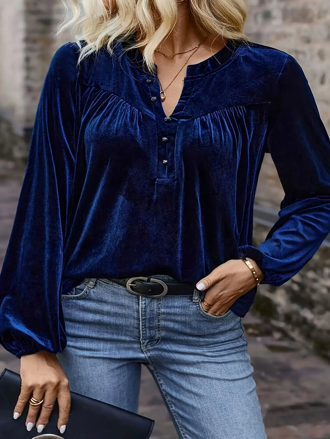 Velvet V-neck button down blouse